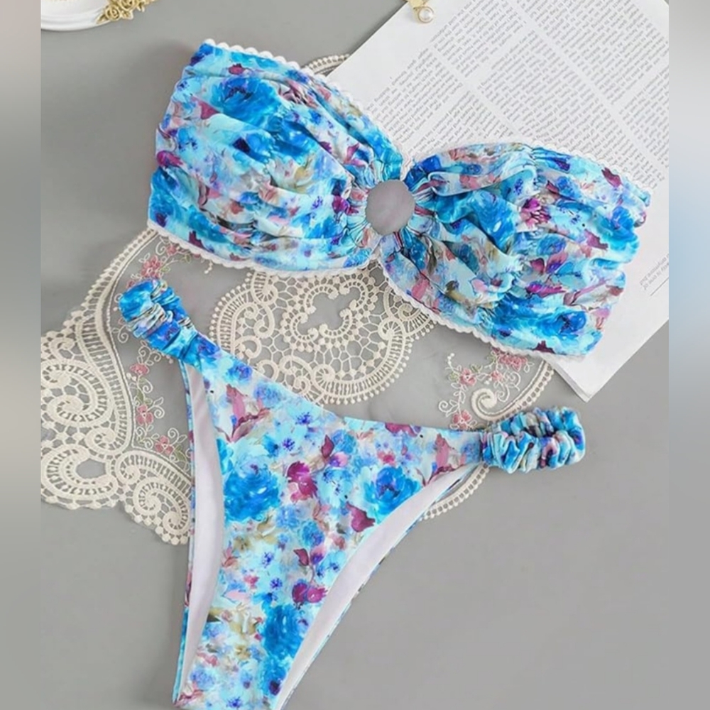 NWOT Shenhe Womens Floral Print O Ring Bande Bikini Suit 2 Piece Size S